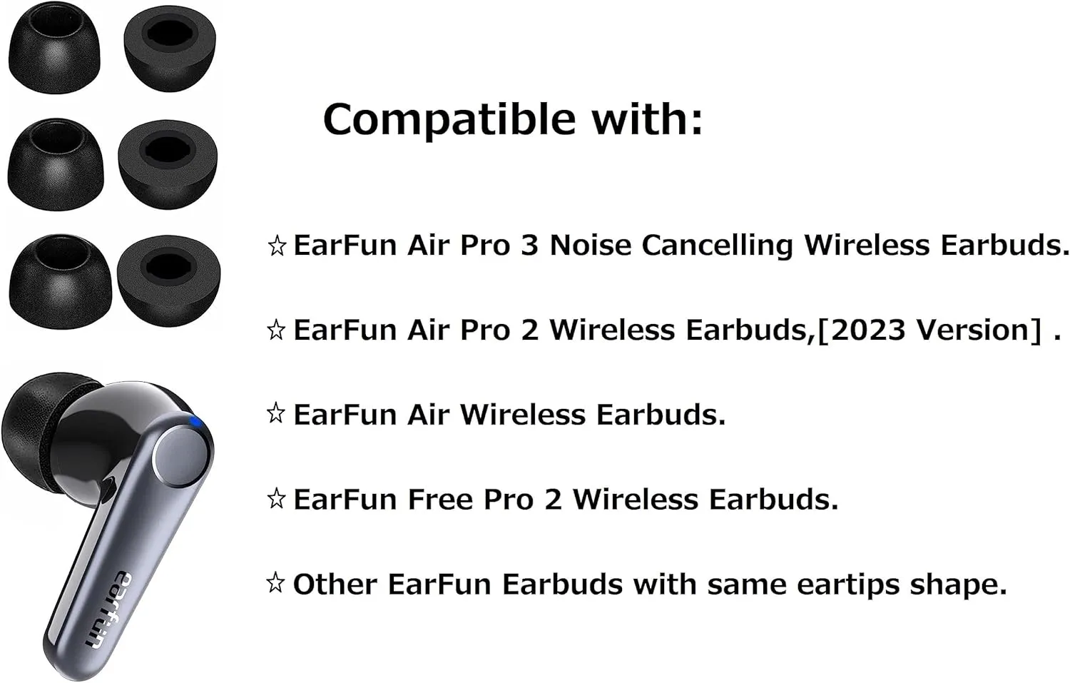 JNSA Memory Foam Ear Tips Noise Canceling Foam Ear Tip Compatible with EarFun Air Pro 3 / Air Pro 2 / EarFun Air, No Silicone Eartips Pain, Fit in Charging Case, 3 Pairs (S/M/L, Black) 214efb3