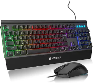 KOORUI Wired 104 Keys Gaming Keyboard and Mouse Combo,Rainbow Backlit Quiet Computer Keyboard, Light Up Keyboard with All-Metal Panels & 3200 DPI Mouse for Window PC Gamers-Black