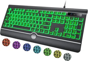 Large Print Backlit Computer Keyboard, 7-Color Backlit Keyboard with Wrist Rest, USB Plug-and-Play, Oversize Letters Keys Easy to See and Type, Wired Light Up Keyboards for Laptop, PC, Gaming