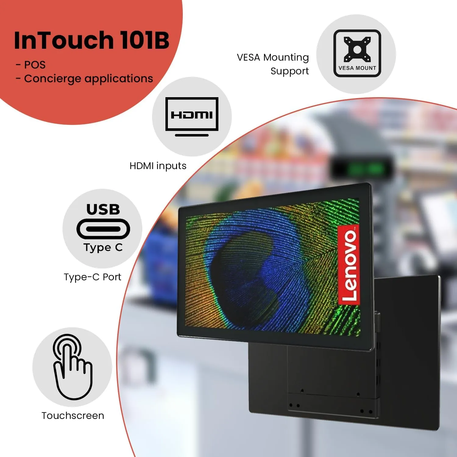 Lenovo 10.1" Touchscreen LCD Monitor  InTOUCH Series, 1280 x 800, 270-Nit Brightness, 10-Point Touch, Anti-Glare, VESA Mountable, Black, Ideal for POS/Retail