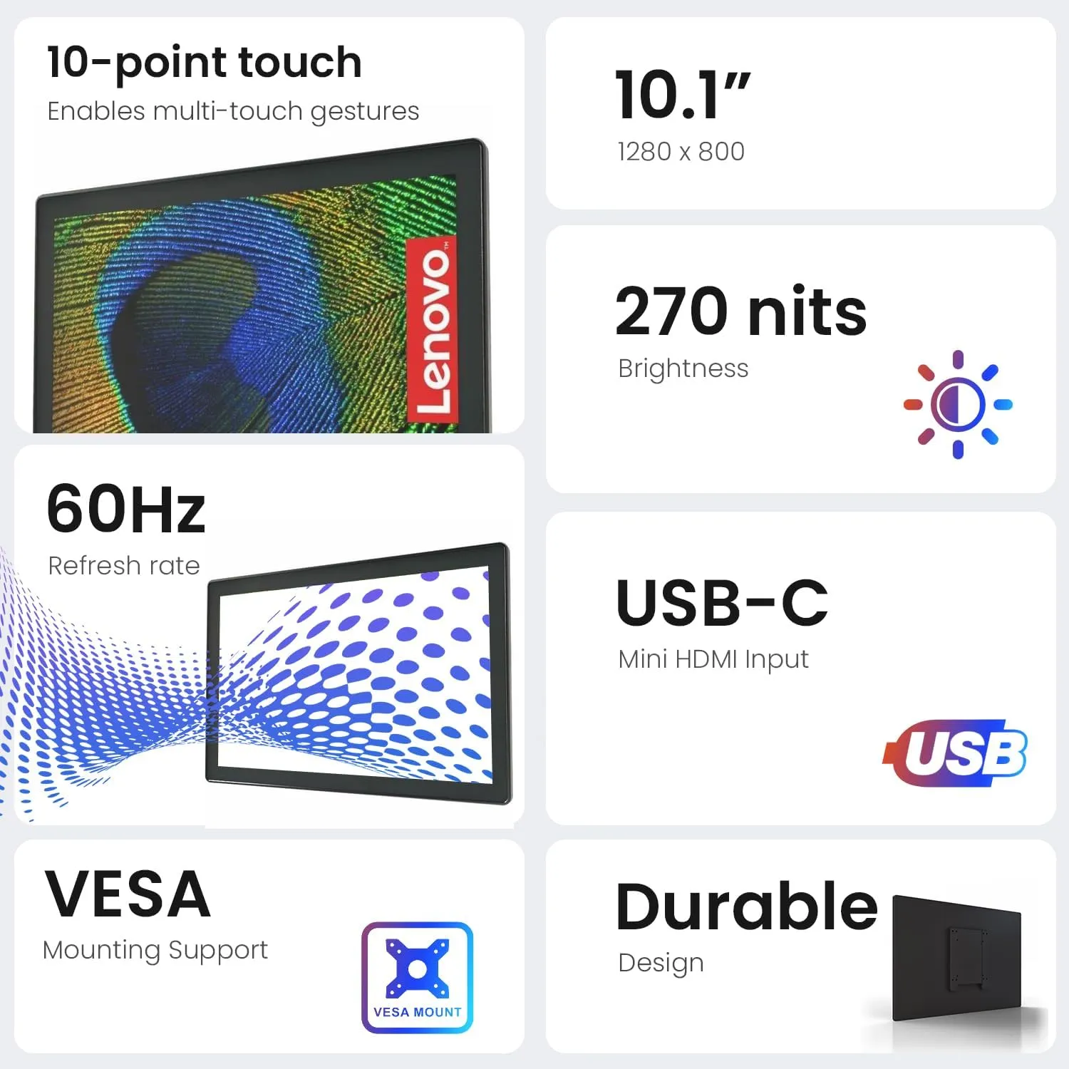 Lenovo 10.1" Touchscreen LCD Monitor  InTOUCH Series, 1280 x 800, 270-Nit Brightness, 10-Point Touch, Anti-Glare, VESA Mountable, Black, Ideal for POS/Retail