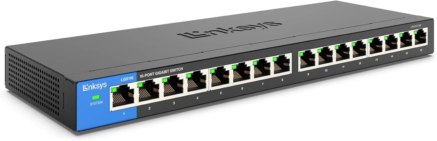 Linksys LGS116 16 Port Gigabit Unmanaged Network Switch - Home / Office Ethernet Switch Hub with Metal Housing - Wall Mount or Desktop Ethernet Splitter, Easy Plug & Play Connection