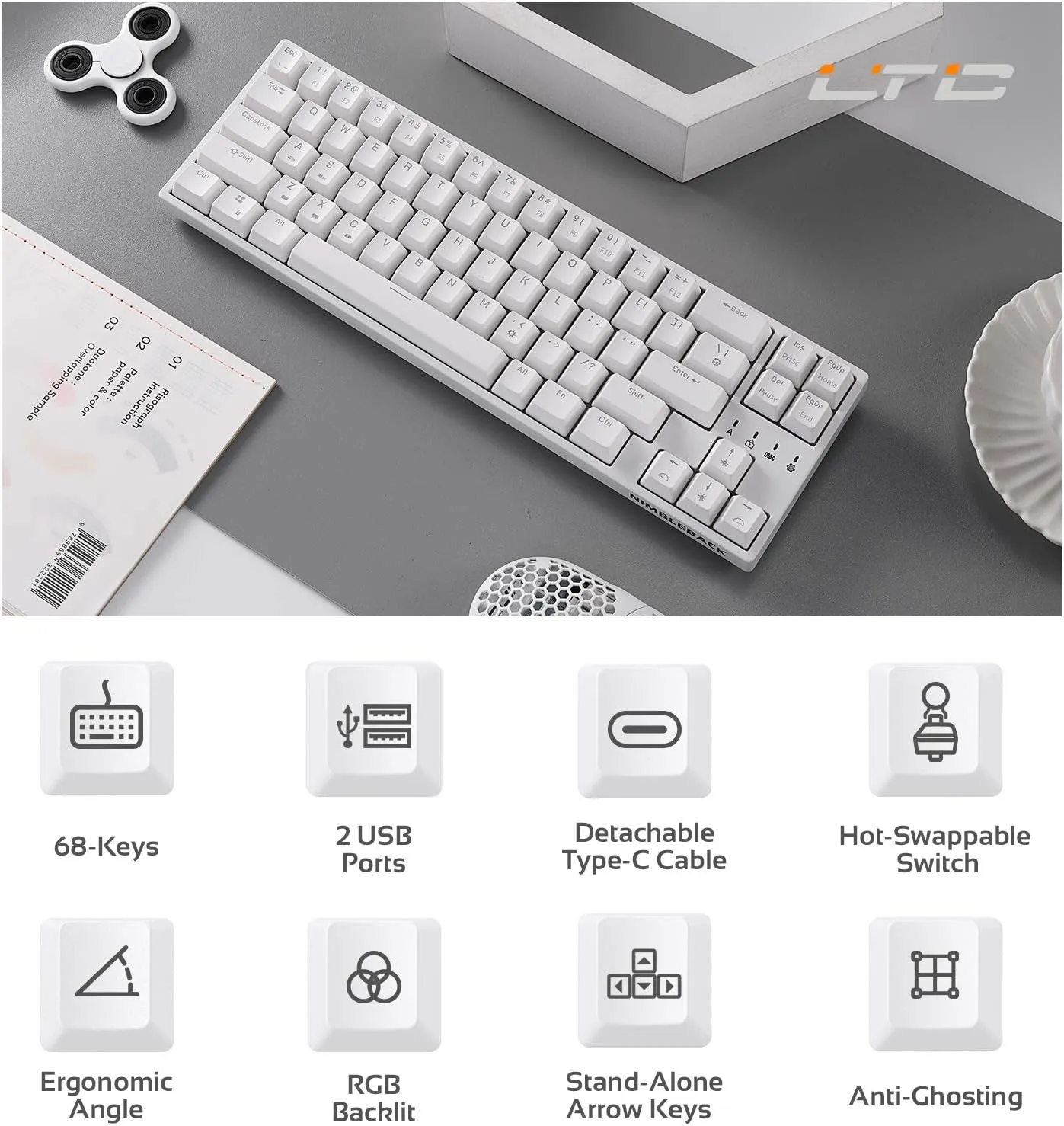 LTC NB681 Nimbleback Wired 65% Mechanical Keyboard, RGB Backlit Ultra-Compact 68 Keys Gaming Keyboard with Hot-Swappable Switch and Stand-Alone Arrow/Control Keys (Hot Swappable Red Switch, White)