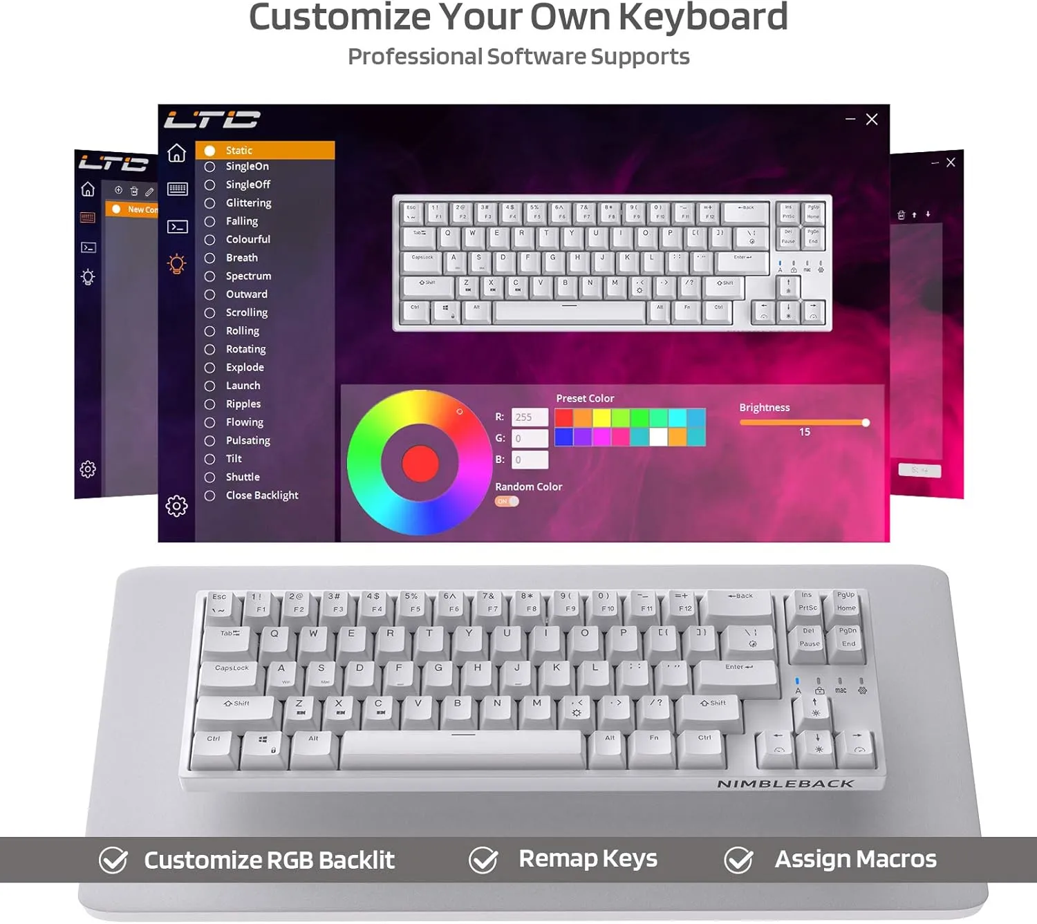 LTC NB681 Nimbleback Wired 65% Mechanical Keyboard, RGB Backlit Ultra-Compact 68 Keys Gaming Keyboard with Hot-Swappable Switch and Stand-Alone Arrow/Control Keys (Hot Swappable Red Switch, White)