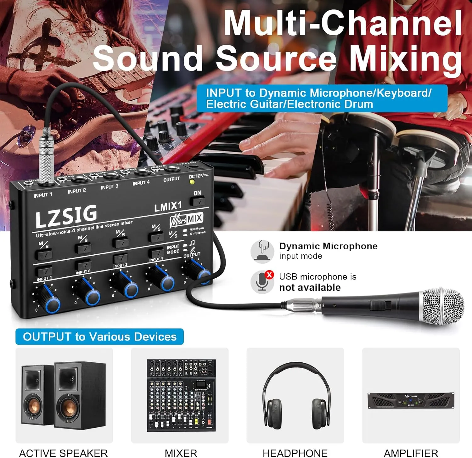 LZSIG Mini Audio Mixer,Stereo Line Mixer for Sub-Mixing,Ultra Low-Noise,4-Channel,Dynamic Microphone Independent Control, 1/4" & 1/8" TRS Output and Input,for Guitars,Bass,Keyboards