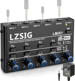LZSIG Mini Audio Mixer,Stereo Line Mixer for Sub-Mixing,Ultra Low-Noise,4-Channel,Dynamic Microphone Independent Control, 1/4" & 1/8" TRS Output and Input,for Guitars,Bass,Keyboards