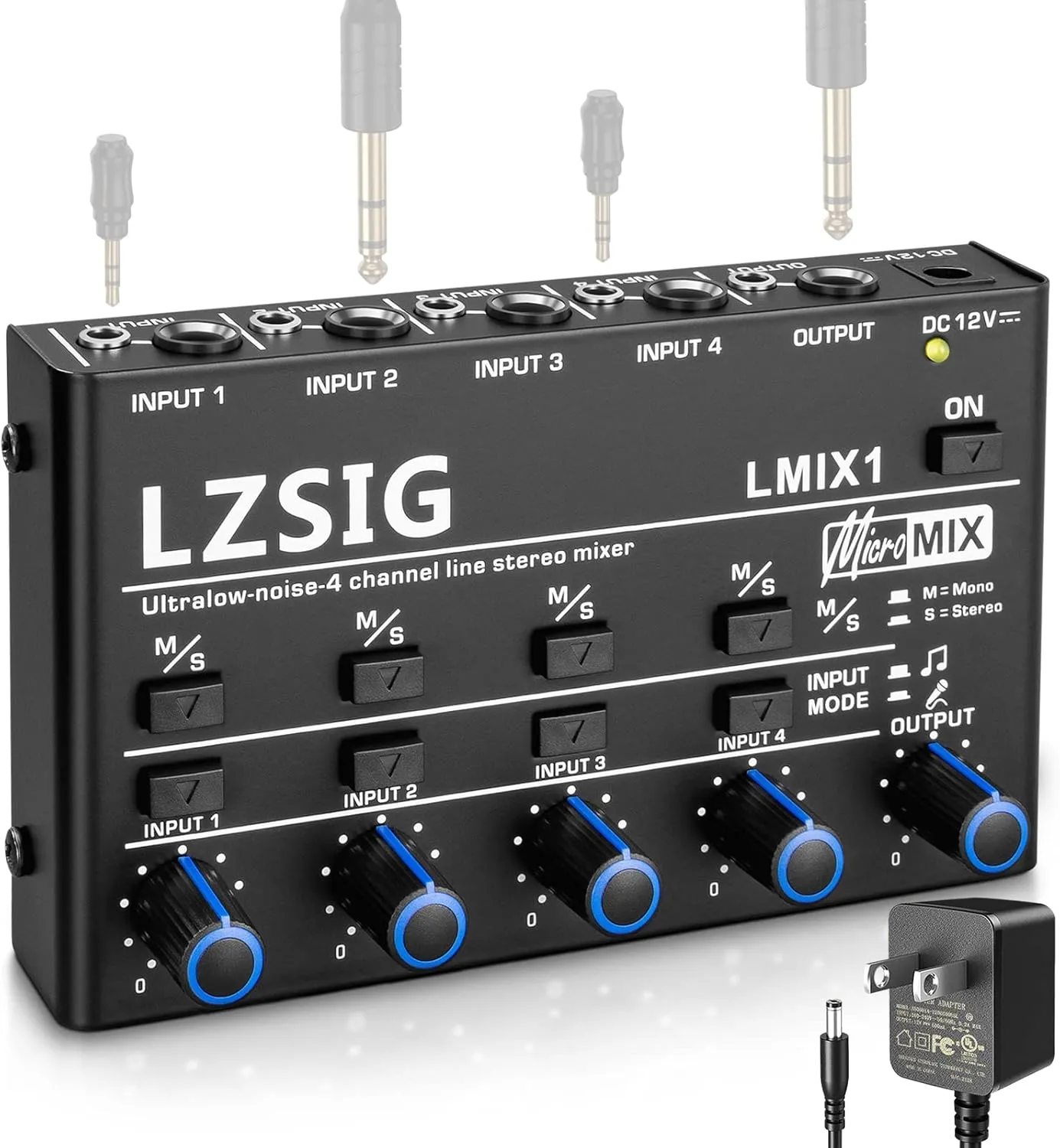 LZSIG Mini Audio Mixer,Stereo Line Mixer for Sub-Mixing,Ultra Low-Noise,4-Channel,Dynamic Microphone Independent Control, 1/4" & 1/8" TRS Output and Input,for Guitars,Bass,Keyboards