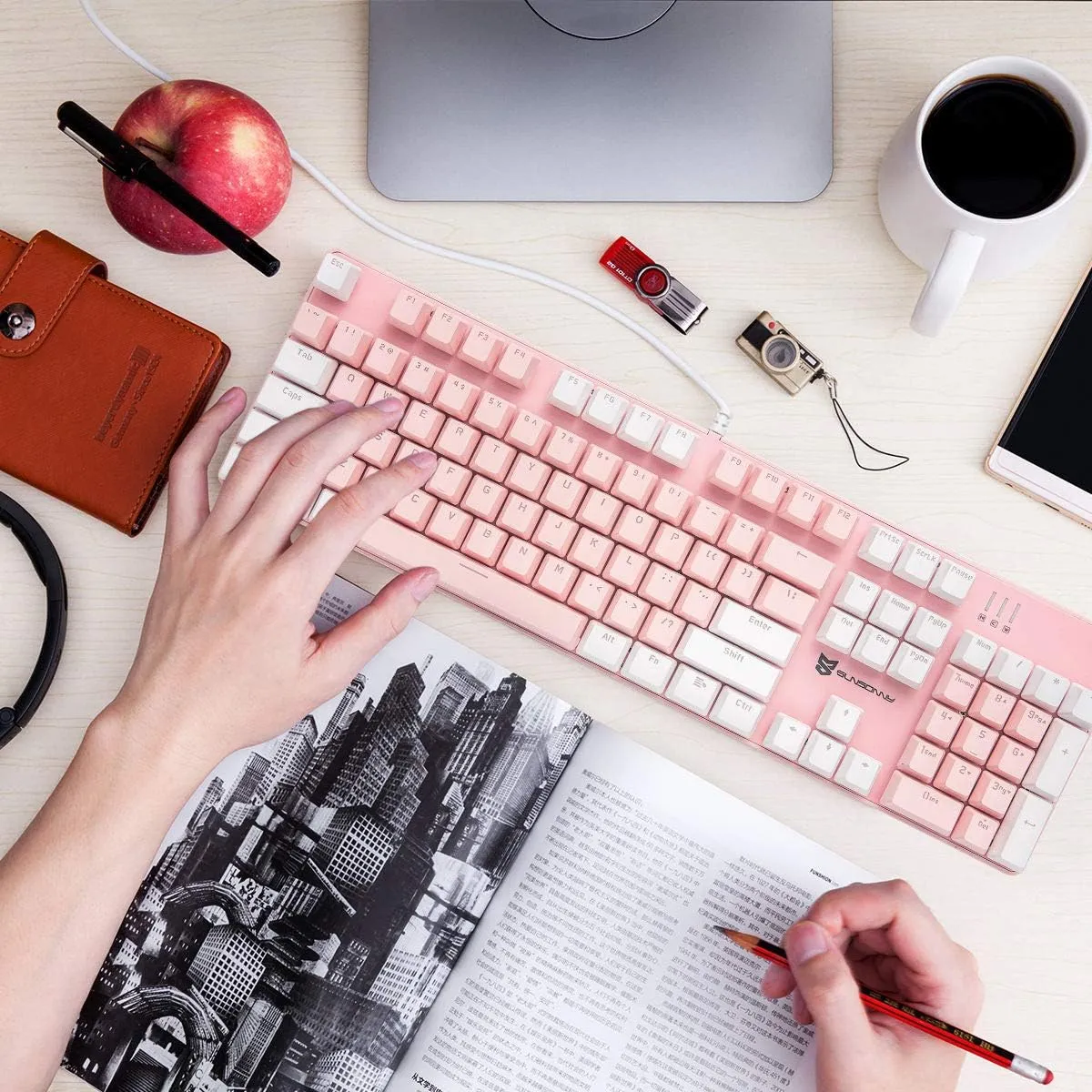Mechanical Keyboard Gaming Keyboard | Blue Switch, Pink & White Color, White Backlit Keyboard | 104 Keys US Layout | Wired Gaming Keyboard | Hot Swappable Mechanical Keyboard | PC Keyboard