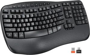MEETION Wireless Ergonomic Keyboard, Wave Keys Wrist Rest Natural Typing Keyboard, 2.4G Cordless USB A and USB C Adapter, Wireless Computer Keyboard Compatible with Windows/Mac/PC/Laptop, Black
