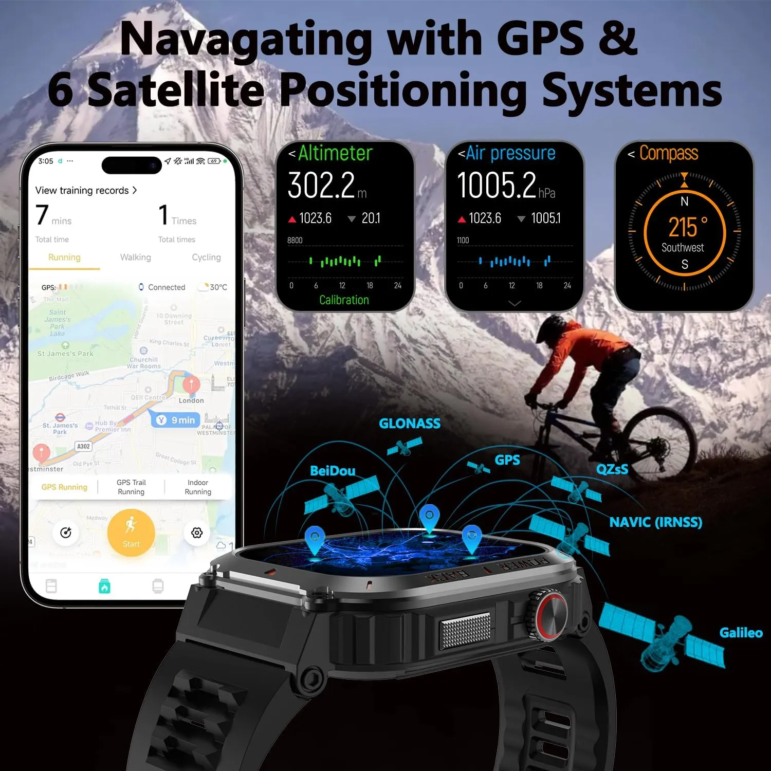Military GPS Smart Watch for Men Pressure/Altitude/Compass,Fitness Smart Watch for Android Phones and iPhone,Outdoor Waterproof Fitness Tracker with Blood Oxygen/Heart Rate/Sleep/100  Sport Modes