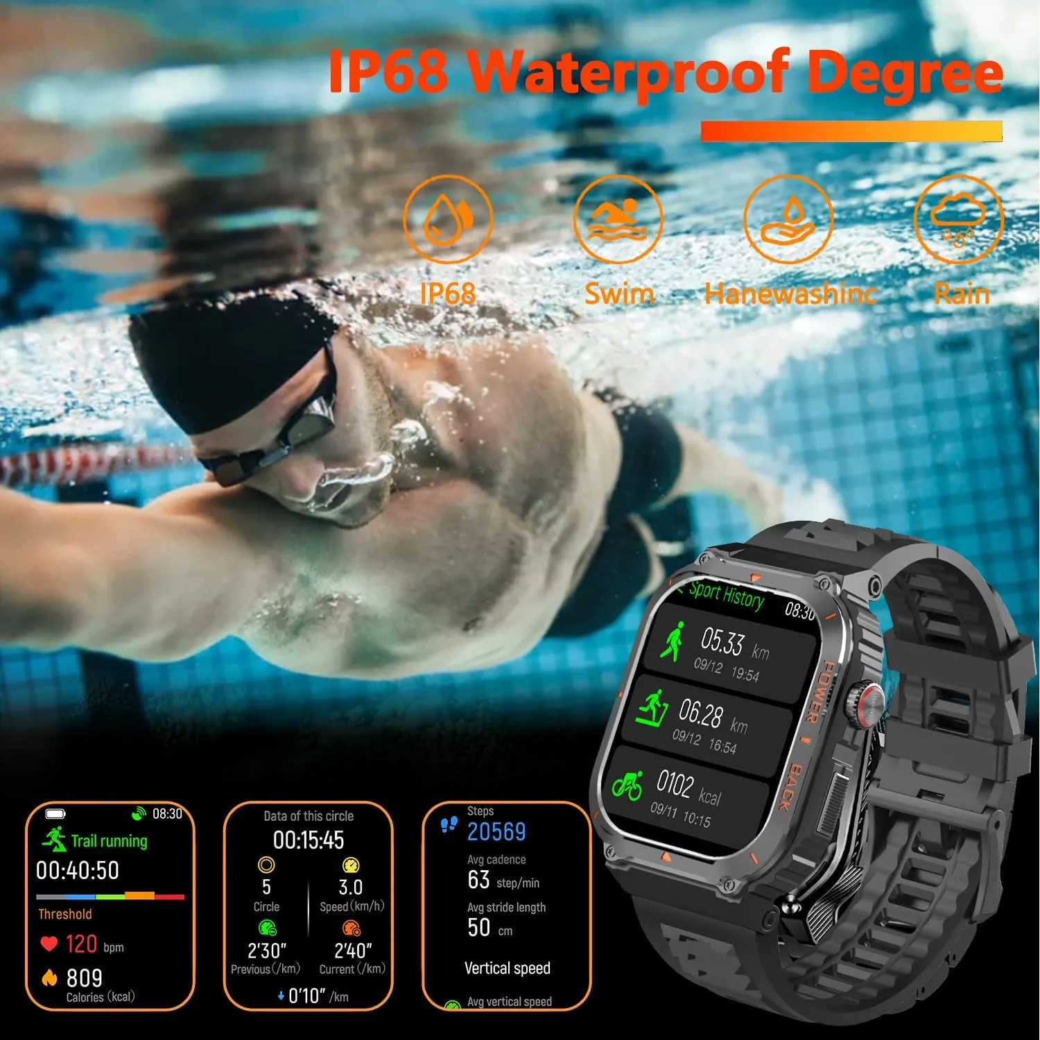 Military GPS Smart Watch for Men Pressure/Altitude/Compass,Fitness Smart Watch for Android Phones and iPhone,Outdoor Waterproof Fitness Tracker with Blood Oxygen/Heart Rate/Sleep/100  Sport Modes