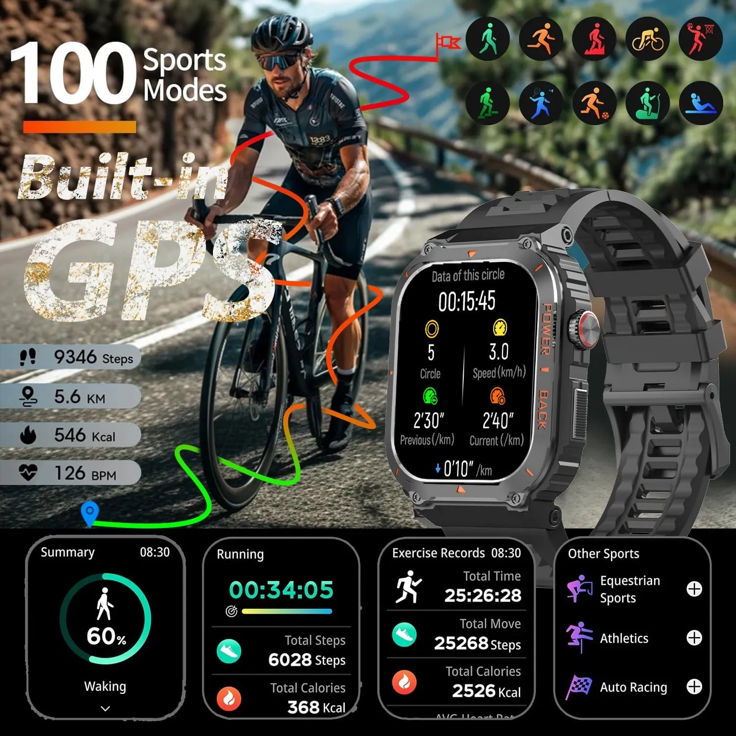 Military GPS Smart Watch for Men Pressure/Altitude/Compass,Fitness Smart Watch for Android Phones and iPhone,Outdoor Waterproof Fitness Tracker with Blood Oxygen/Heart Rate/Sleep/100  Sport Modes