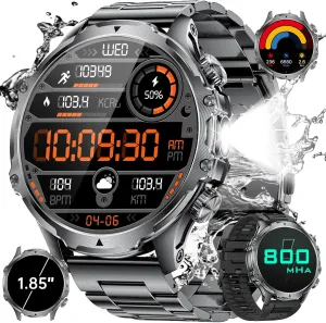 Military Smart Watch for Men, 1.85'' HD Large Screen Smartwatch, Flashlight/5ATM Waterproof/800mAh/100  Sports Fitness Tracker Watch, Pedometer Mens Smart Watch for Android iPhone Compatible