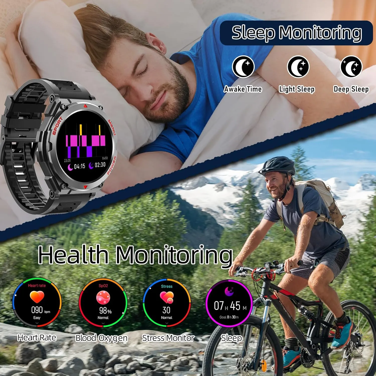 Military Smart Watch for Men (Answer/Make Call), 1.52" HD Smartwatch for Android Phones/iPhone, 100  Sport Mode Fitness Tracker with Heart Rate, SpO2, Stress and Sleep Monitor, IP68 Waterproof