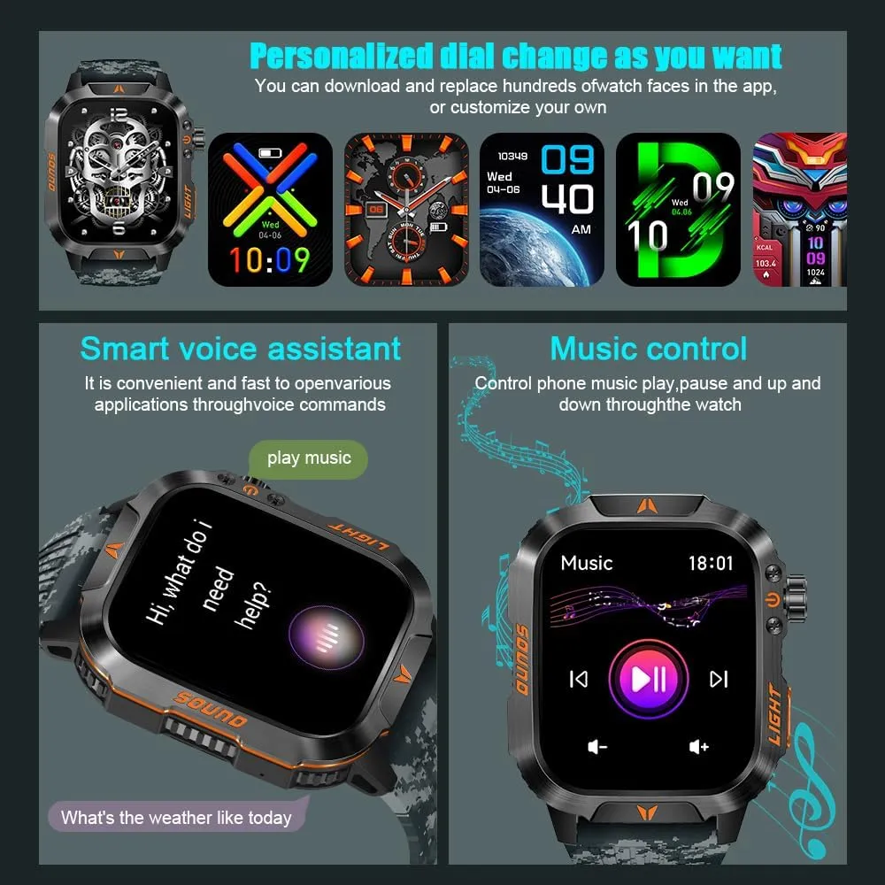 Military Smartwatch for Men LED Flashlight Bluetooth Call & IP68 Waterproof Heart Rate Blood Oxygen & Sleep Tracker Fitness Pedometer Android/iOS Compatible - Ideal for Hunting Hiking & Extreme Sports
