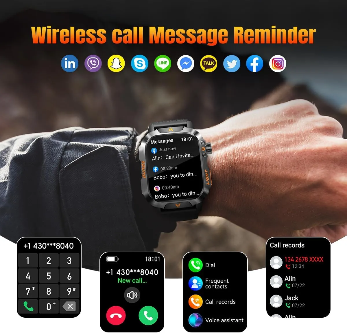 Military Smartwatch for Men LED Flashlight Bluetooth Call & IP68 Waterproof Heart Rate Blood Oxygen & Sleep Tracker Fitness Pedometer Android/iOS Compatible - Ideal for Hunting Hiking & Extreme Sports