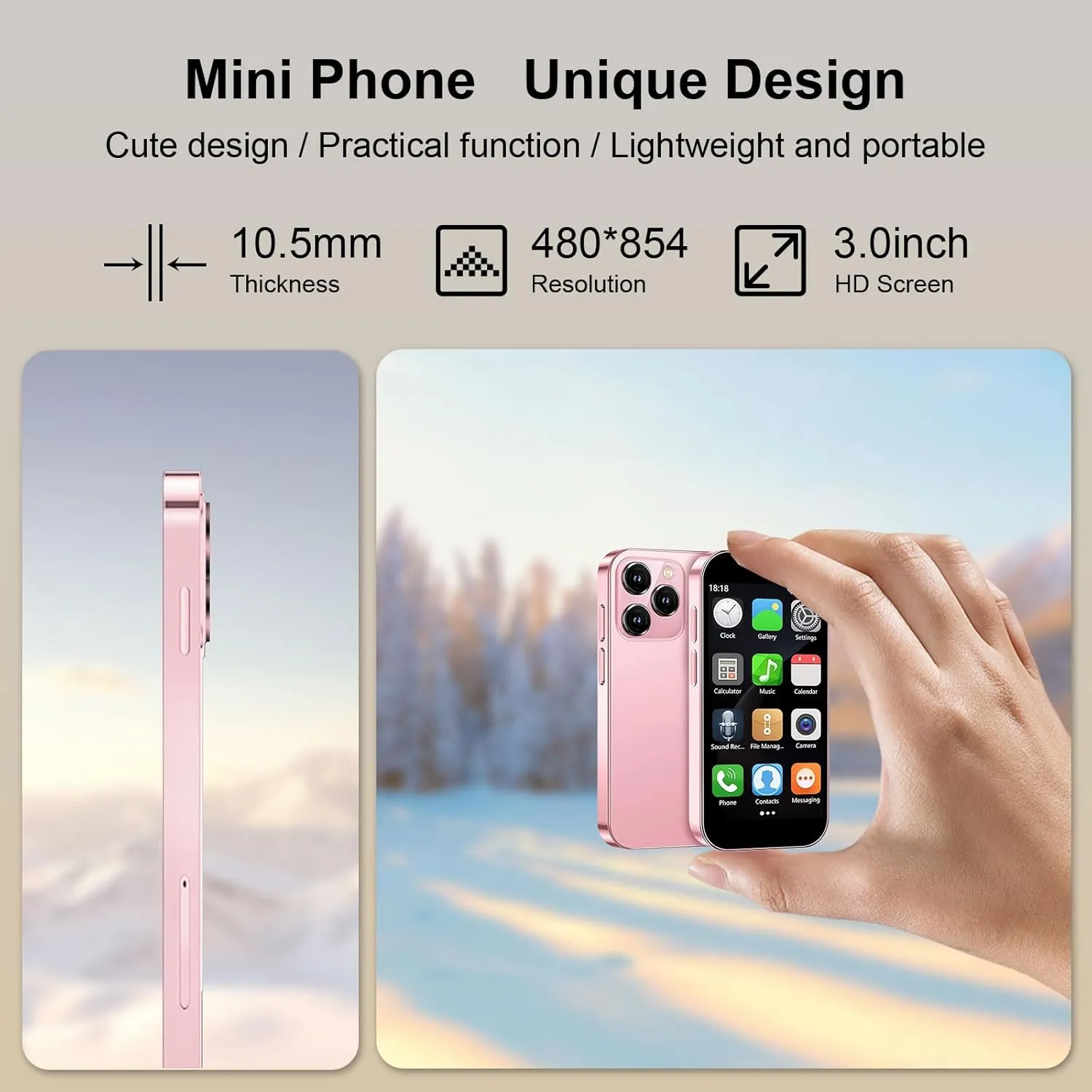 Mini Phone,3.0 inch HD Touch Screen Mini Smartphone,Unlocked Android Kids and Students Phone,Quad Core Dual SIM Dual Standby,Face Recognition,Best Gift for Kids,2GB 16GB Pink