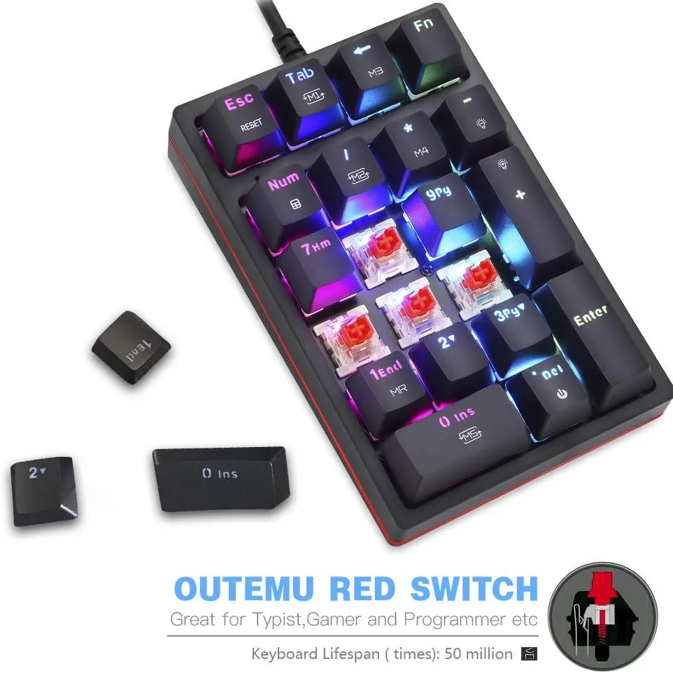 MOTOSPEED Macro Mechanical Numeric Keypad USB Wired 21 Keys Mini Numpad Portable Keypad RGB Backlight Gaming Keypad Extended Layout for Cashier(Fully Programmable Keys)