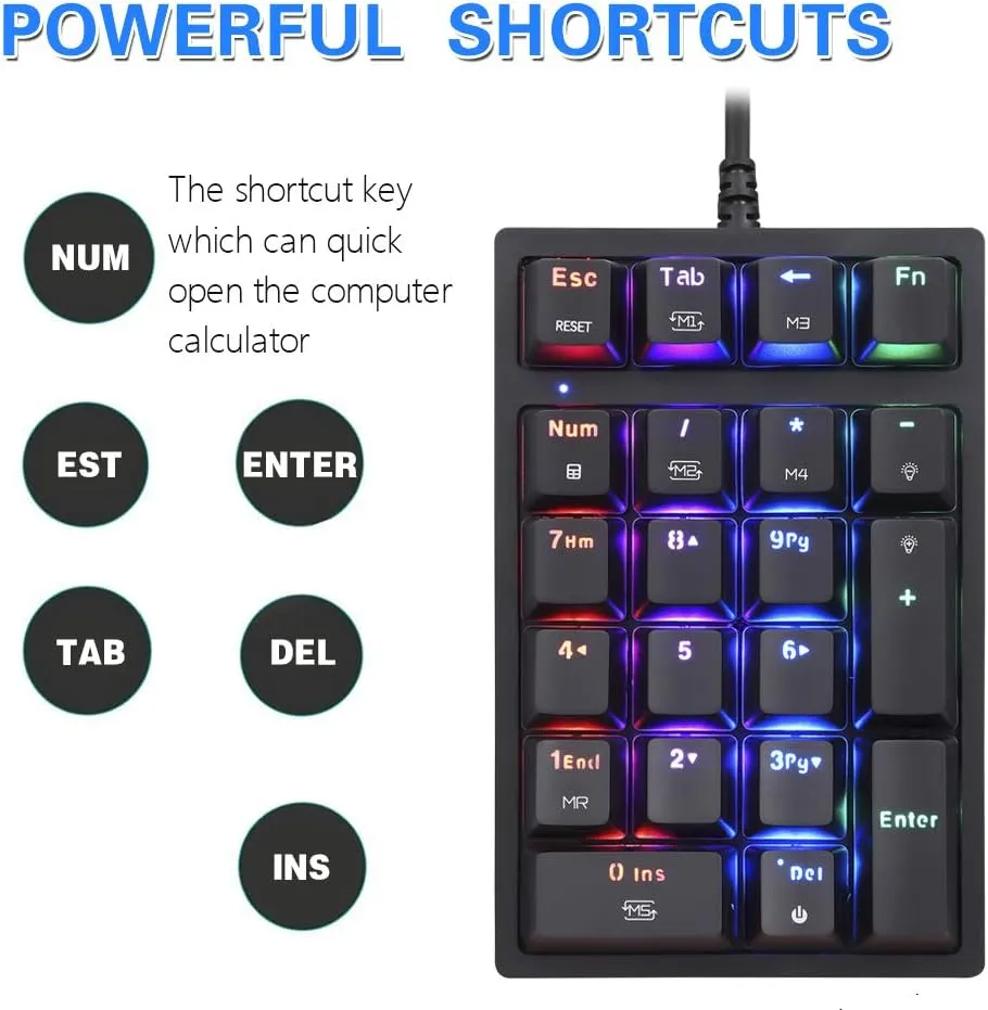 MOTOSPEED Macro Mechanical Numeric Keypad USB Wired 21 Keys Mini Numpad Portable Keypad RGB Backlight Gaming Keypad Extended Layout for Cashier(Fully Programmable Keys)