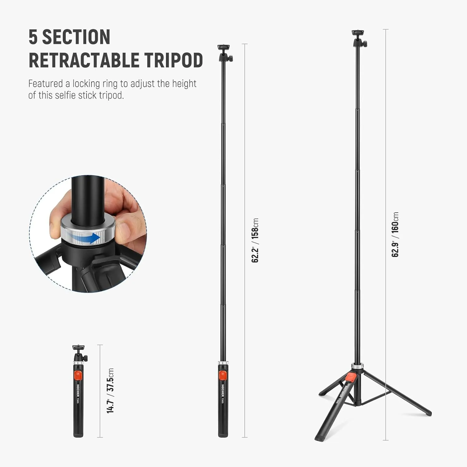 NEEWER Phone Tripod for Cell Phone & Camera with Remote, 62.9" All Metal Selfie Stick Travel Vlog Tripod Stand for iPhone with Phone Holder, Portable Camera Tripod for Canon Sony DLSR GoPro, TS05