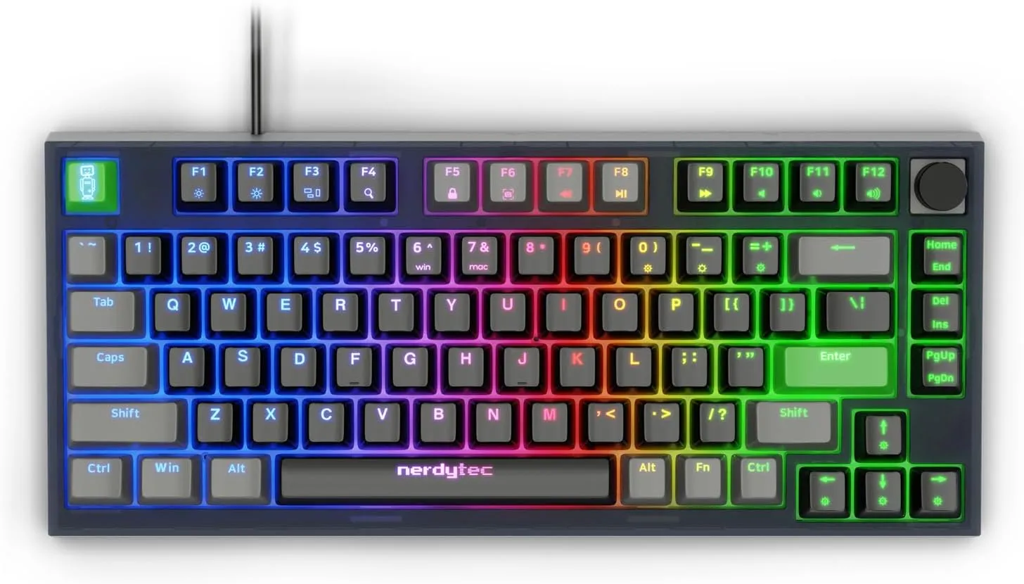 nerdytec CYKEY - Mechanical Gaming Keyboard with RGB Backlit, Wired TKL Layout with Hot-Swappable Switches and Multi-Control Knob, 75% Compact Design, for PC and Laptop Windows/Mac, with QMK/VIA