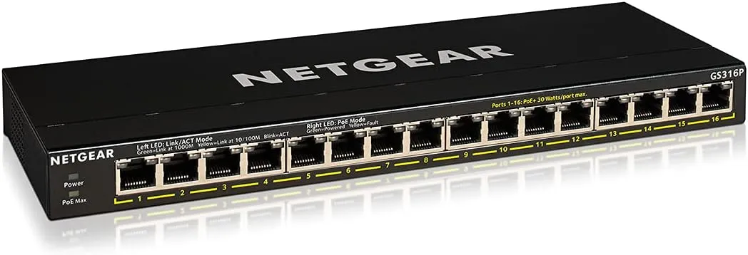 NETGEAR 16-Port PoE  Gigabit Ethernet Unmanaged Essentials Switch (GS316P) - with 16 x PoE  @ 115W, Desktop or Wall Mount