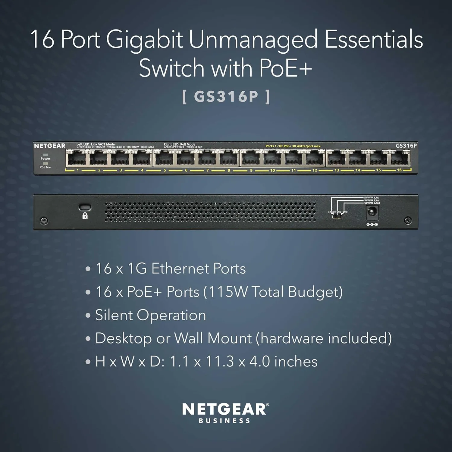 NETGEAR 16-Port PoE  Gigabit Ethernet Unmanaged Essentials Switch (GS316P) - with 16 x PoE  @ 115W, Desktop or Wall Mount