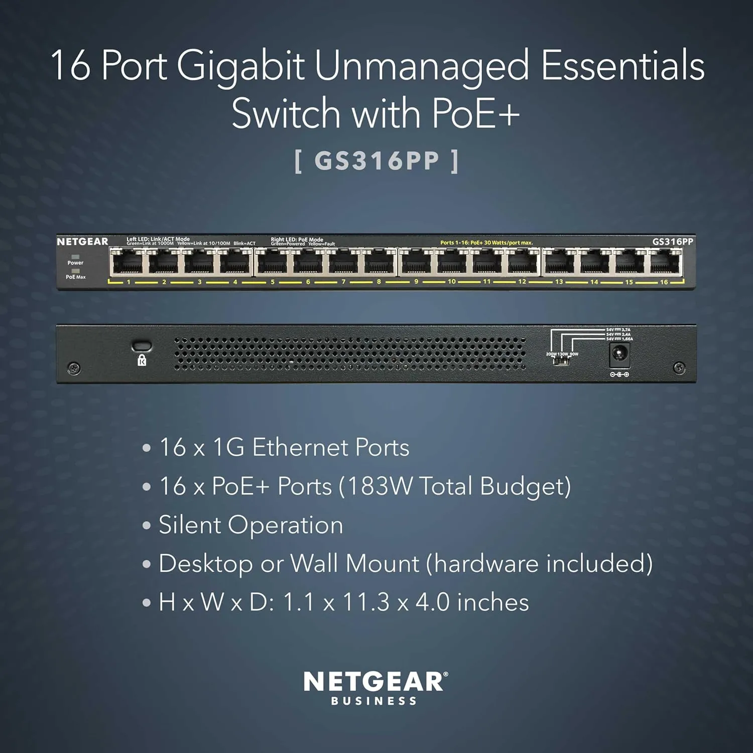 NETGEAR 16-Port PoE  Gigabit Ethernet Unmanaged Essentials Switch (GS316PP) - with 16 x PoE  @ 183W, Desktop or Wall Mount