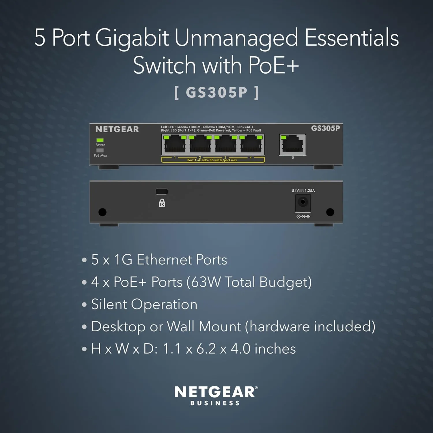NETGEAR 5-Port PoE Gigabit Ethernet Unmanaged Essentials Switch (GS305P) - with 4 x PoE  @ 63W, Desktop or Wall Mount