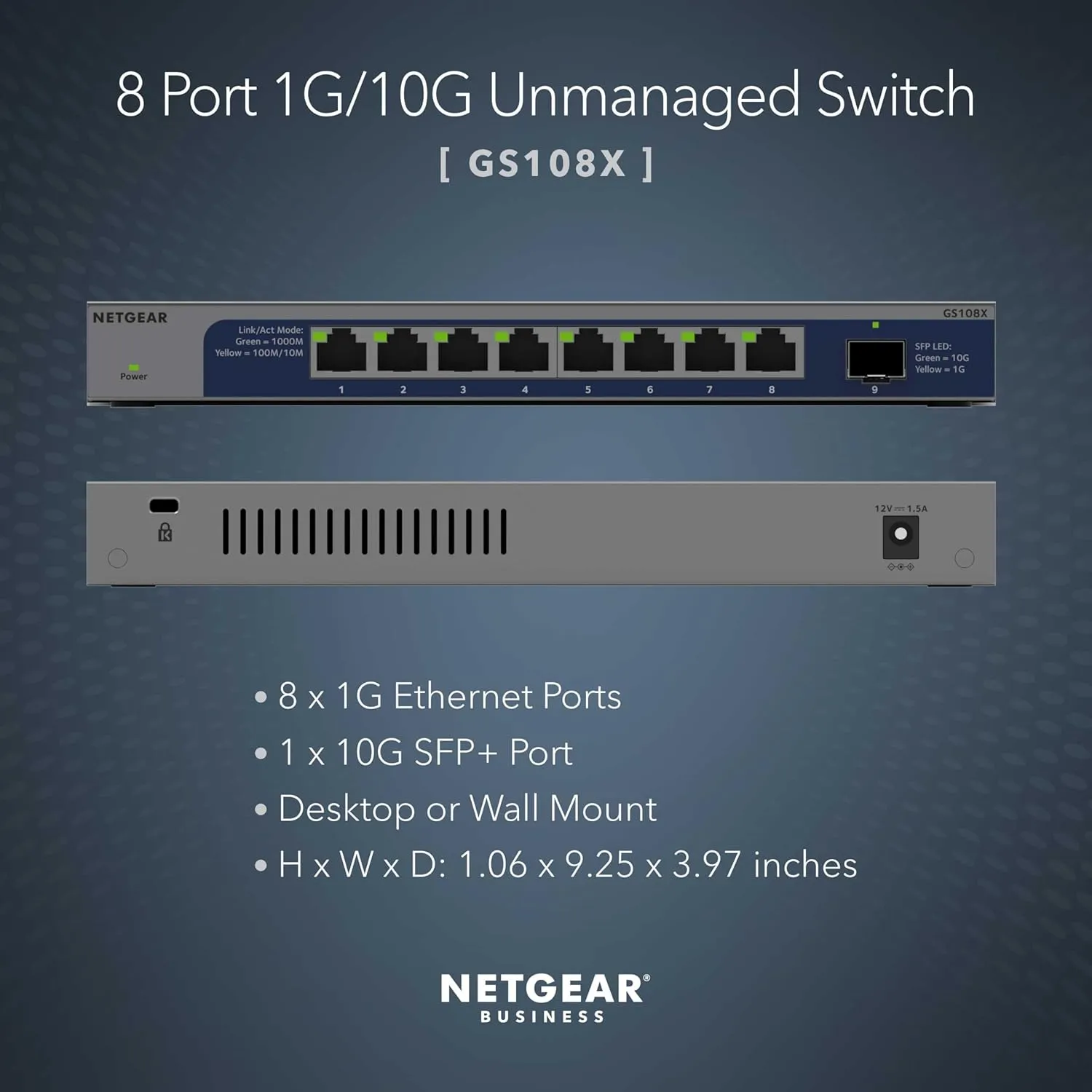 NETGEAR 8-Port 1G/10G Gigabit Ethernet Unmanaged Switch (GS108X) - with 1 x 10G SFP , Desktop or Wall-Mount, Limited Lifetime Protection