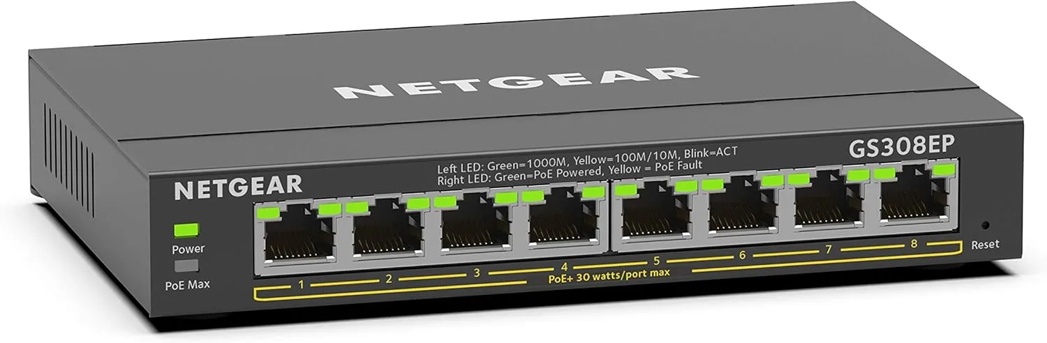 NETGEAR 8 Port PoE Gigabit Ethernet Easy Smart Managed Essentials Switch (GS308EP) - with 8 x PoE  @ 62W, Desktop or Wall Mount