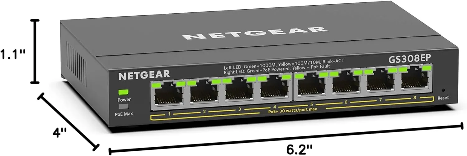 NETGEAR 8 Port PoE Gigabit Ethernet Easy Smart Managed Essentials Switch (GS308EP) - with 8 x PoE  @ 62W, Desktop or Wall Mount