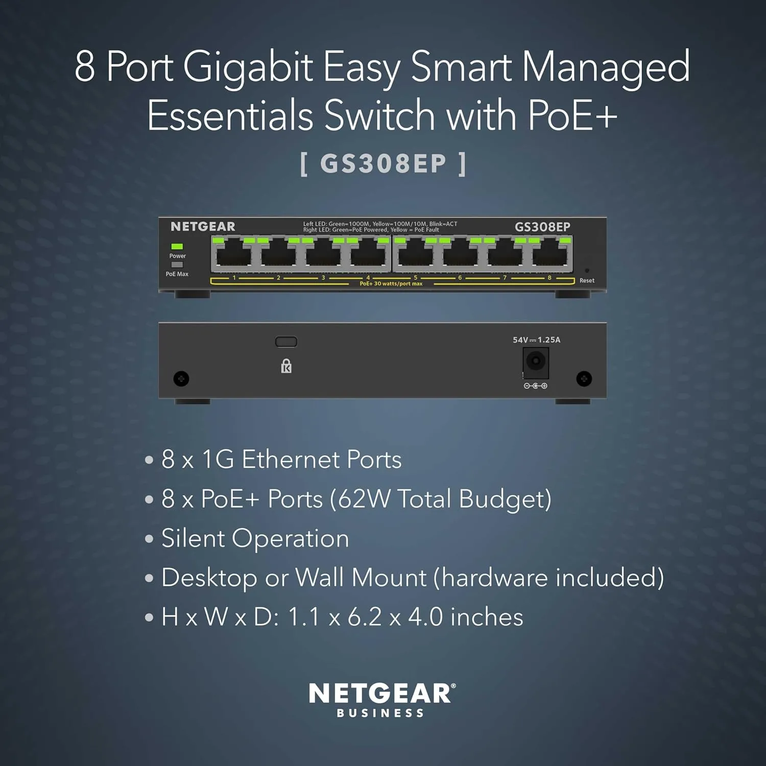 NETGEAR 8 Port PoE Gigabit Ethernet Easy Smart Managed Essentials Switch (GS308EP) - with 8 x PoE  @ 62W, Desktop or Wall Mount