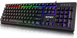 NPET K10V3PRO Gaming Keyboard, RGB Backlit Keys, Spill-Resistant, Customizable Keys, Dedicated Multi-Media Keys  Black