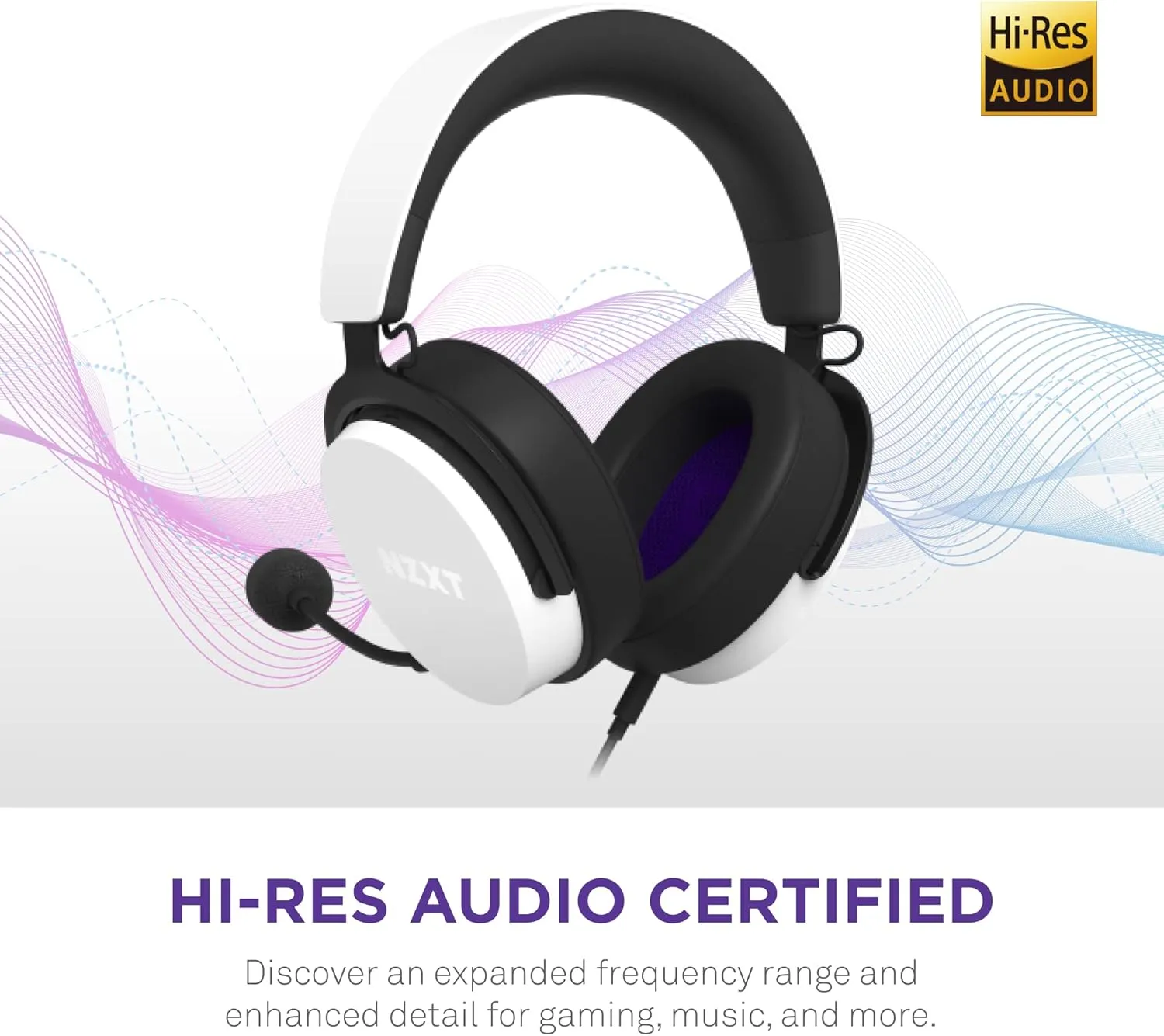 NZXT Relay Wired PC Gaming Headset - AP-WCB40-W2 - Hi-Res Audio Certified - DTS Headphone:X - 7.1 Surround Sound - Lightweight & Comfortable Design - Detachable Microphone - White