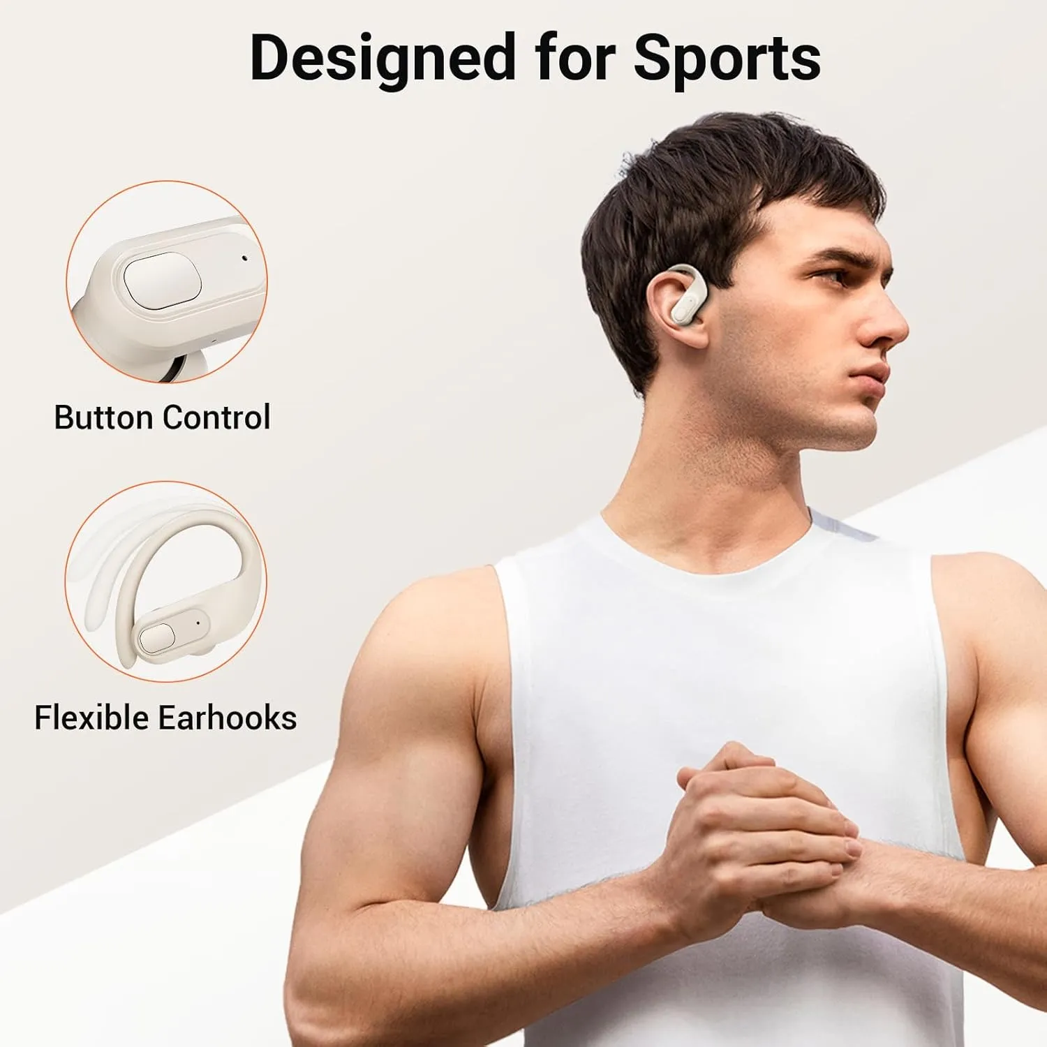 occiam Wireless Earbuds Bluetooth Headphones 96Hrs Playback Sport Ear Buds with Earhooks Microphone in-Ear Earphones Stereo Sound for Laptop Pad Phones Workout Running Exercise Gym (Ivory, M)