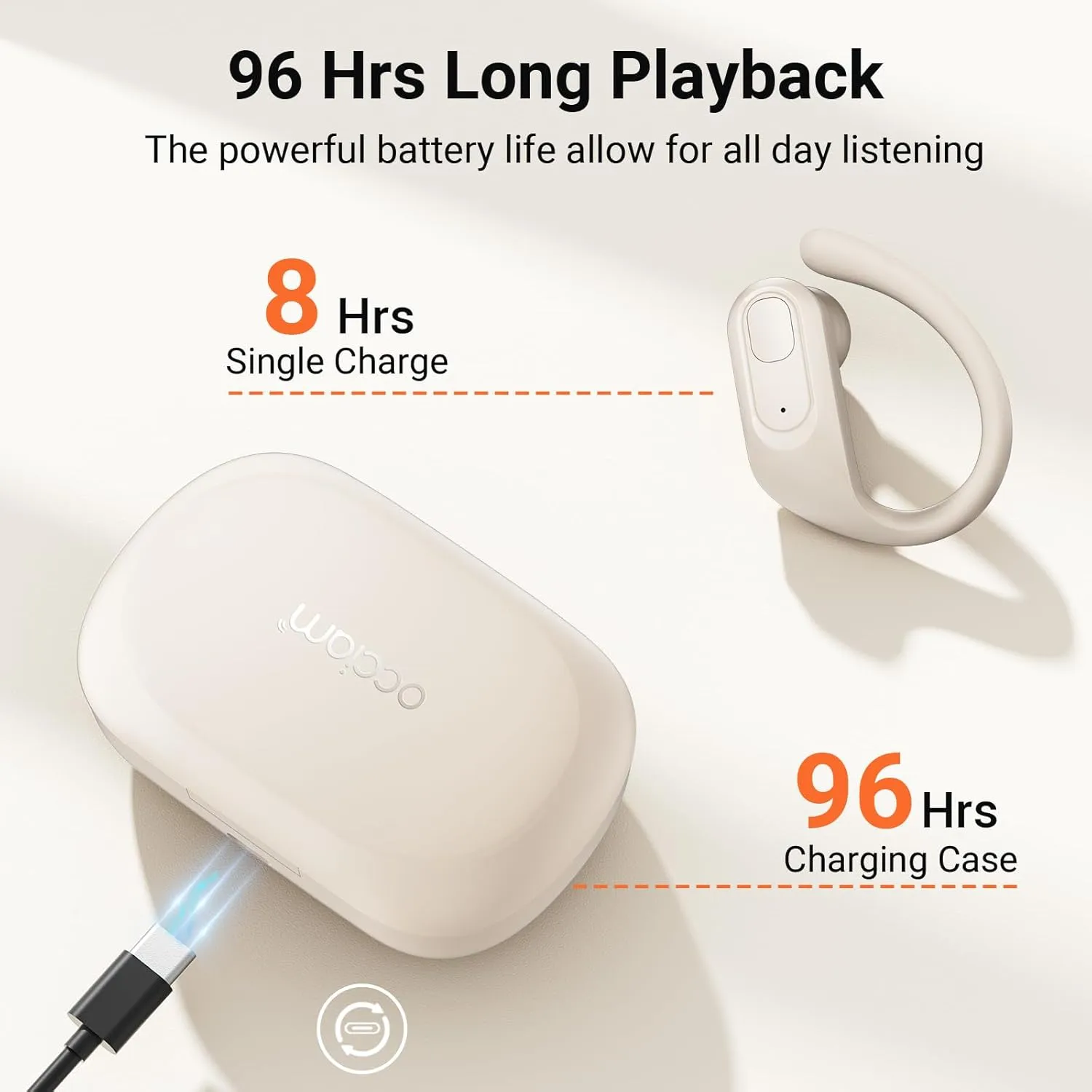 occiam Wireless Earbuds Bluetooth Headphones 96Hrs Playback Sport Ear Buds with Earhooks Microphone in-Ear Earphones Stereo Sound for Laptop Pad Phones Workout Running Exercise Gym (Ivory, M)