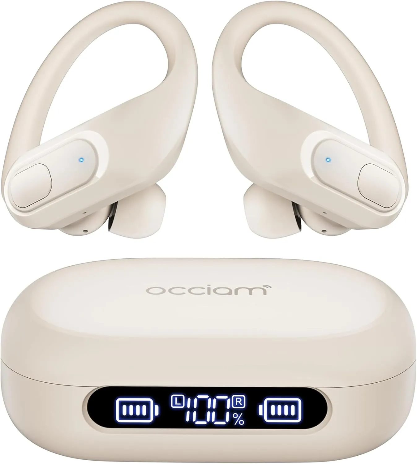 occiam Wireless Earbuds Bluetooth Headphones 96Hrs Playback Sport Ear Buds with Earhooks Microphone in-Ear Earphones Stereo Sound for Laptop Pad Phones Workout Running Exercise Gym (Ivory, M)