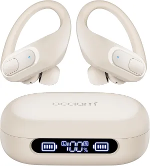 occiam Wireless Earbuds Bluetooth Headphones 96Hrs Playback Sport Ear Buds with Earhooks Microphone in-Ear Earphones Stereo Sound for Laptop Pad Phones Workout Running Exercise Gym (Ivory, M)