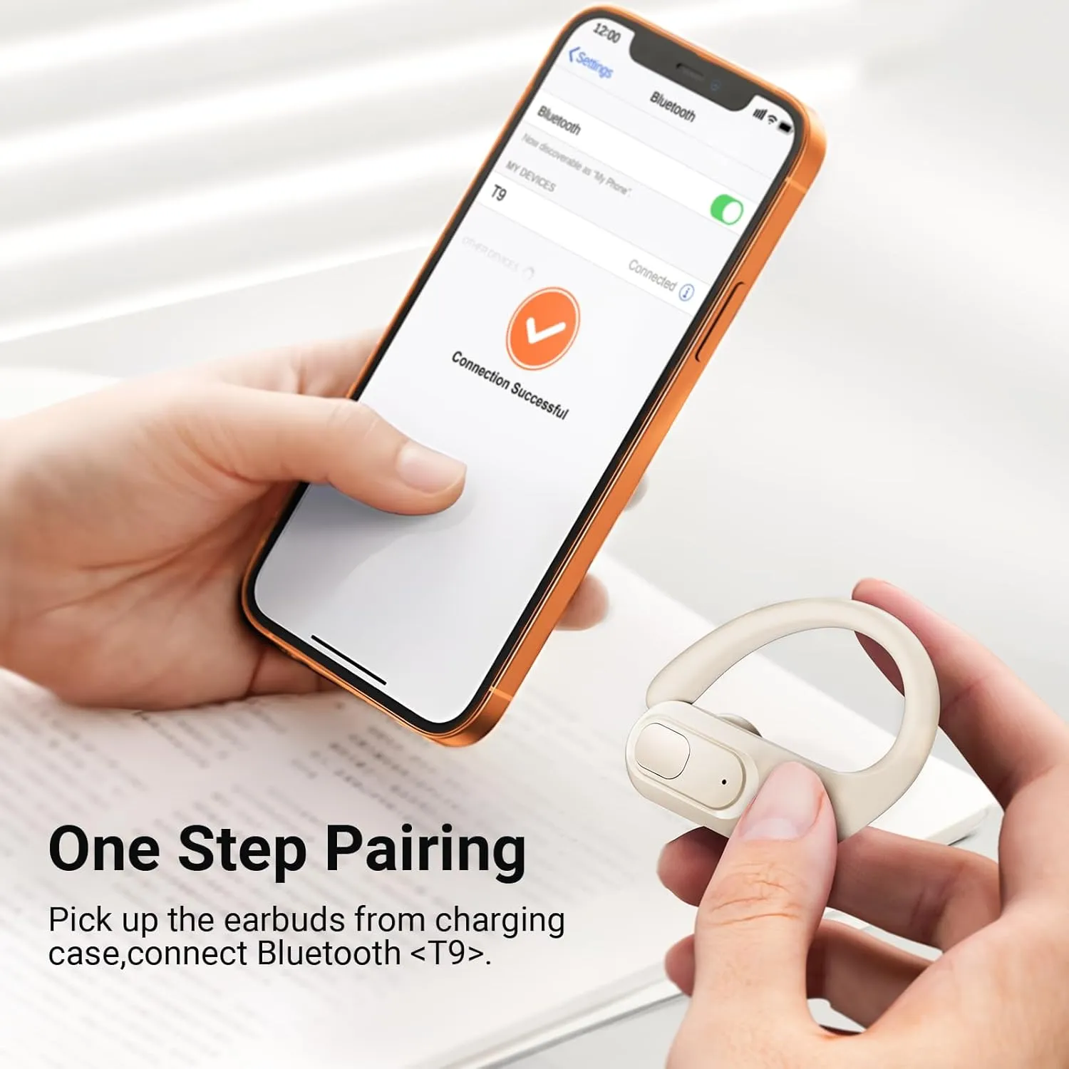 occiam Wireless Earbuds Bluetooth Headphones 96Hrs Playback Sport Ear Buds with Earhooks Microphone in-Ear Earphones Stereo Sound for Laptop Pad Phones Workout Running Exercise Gym (Ivory, M)