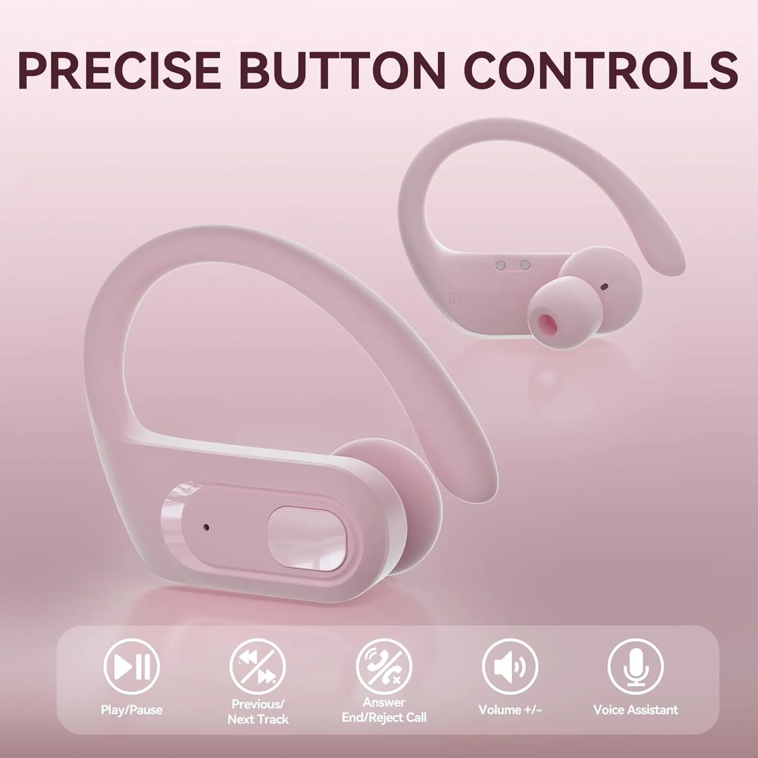 occiam Wireless Earbuds Bluetooth Headphones 96Hrs Playback Sport Ear Buds with Earhooks Microphone in-Ear Earphones Stereo Sound for Laptop Pad Phones Workout Running Exercise Gym (Pink, M)