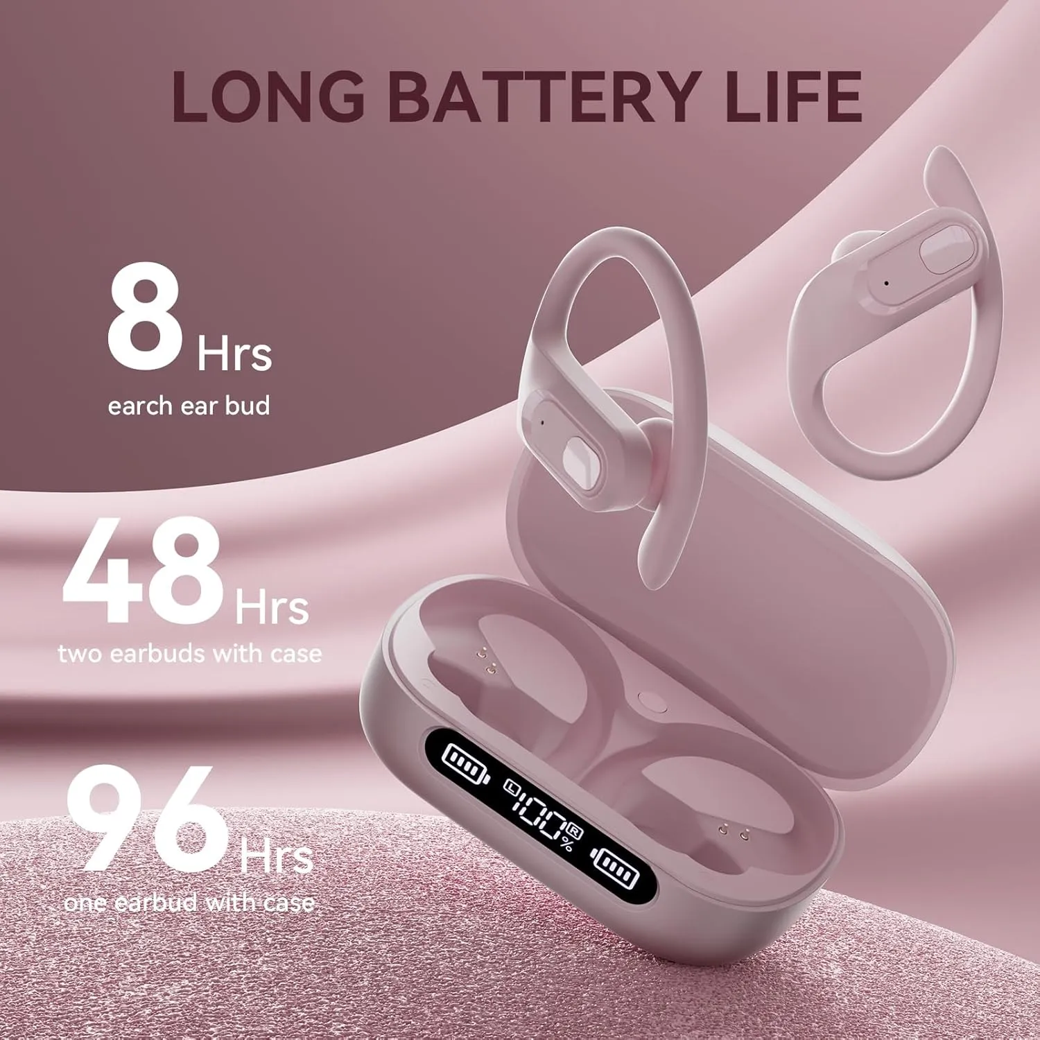occiam Wireless Earbuds Bluetooth Headphones 96Hrs Playback Sport Ear Buds with Earhooks Microphone in-Ear Earphones Stereo Sound for Laptop Pad Phones Workout Running Exercise Gym (Pink, M)