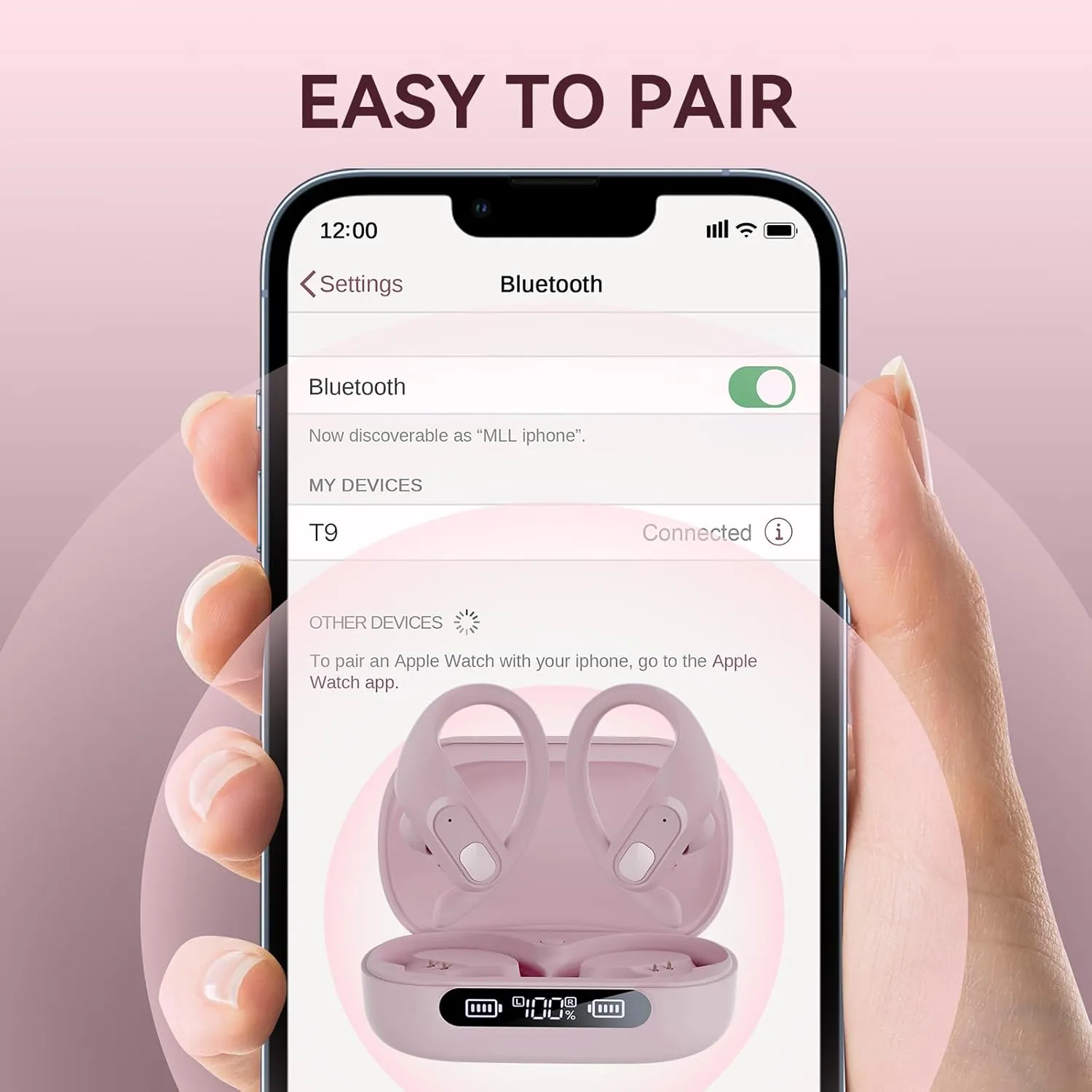 occiam Wireless Earbuds Bluetooth Headphones 96Hrs Playback Sport Ear Buds with Earhooks Microphone in-Ear Earphones Stereo Sound for Laptop Pad Phones Workout Running Exercise Gym (Pink, M)