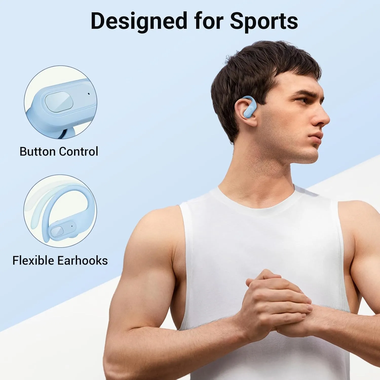 occiam Wireless Earbuds Bluetooth Headphones 96Hrs Playback Sport Ear Buds with Earhooks Microphone in-Ear Earphones Stereo Sound for Laptop Pad Phones Workout Running Exercise Gym Sky Blue