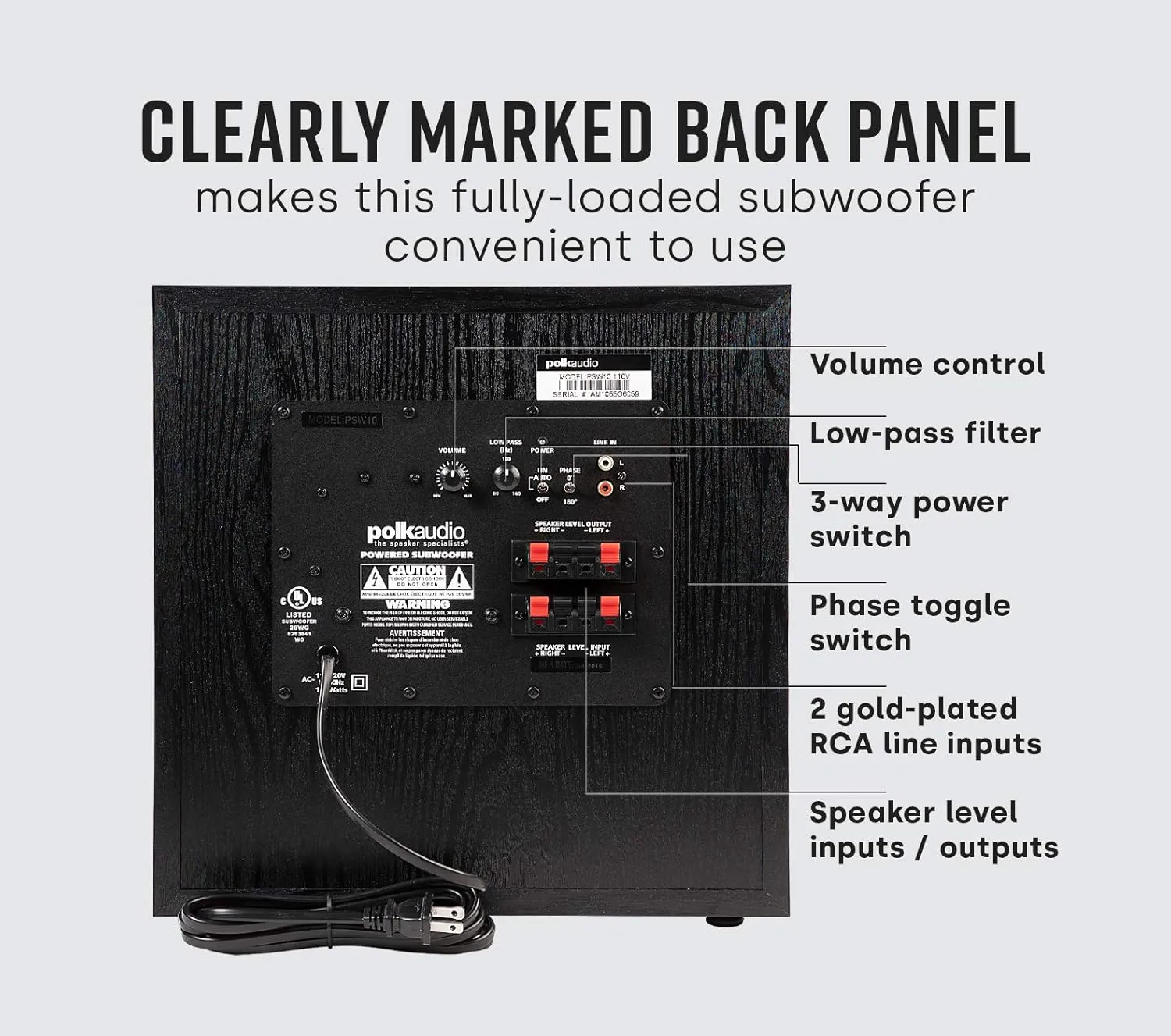 Polk Audio PSW10 10" Powered Subwoofer  Power Port Technology, Up to 100 Watts, Big Bass in Compact Design, Easy Setup with Home Theater Systems, Timbre-Matched with Monitor & T-Series Polk Speakers
