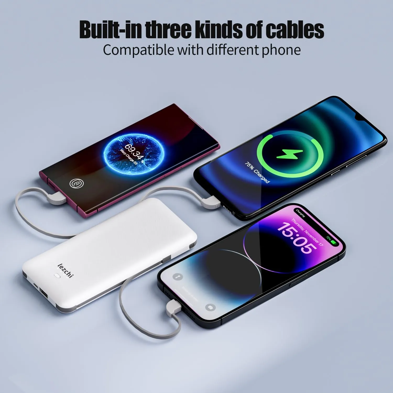 Portable Power Bank, Ultra Slim 10000mAh Portable Charger, USB C External Battery Pack with Built-in AC Plug, Charging Cable, Output Port, Compatible with All Kinds of Cellphones 