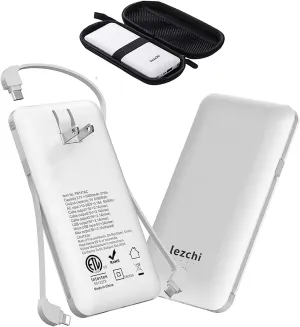Portable Power Bank, Ultra Slim 10000mAh Portable Charger, USB C External Battery Pack with Built-in AC Plug, Charging Cable, Output Port, Compatible with All Kinds of Cellphones 