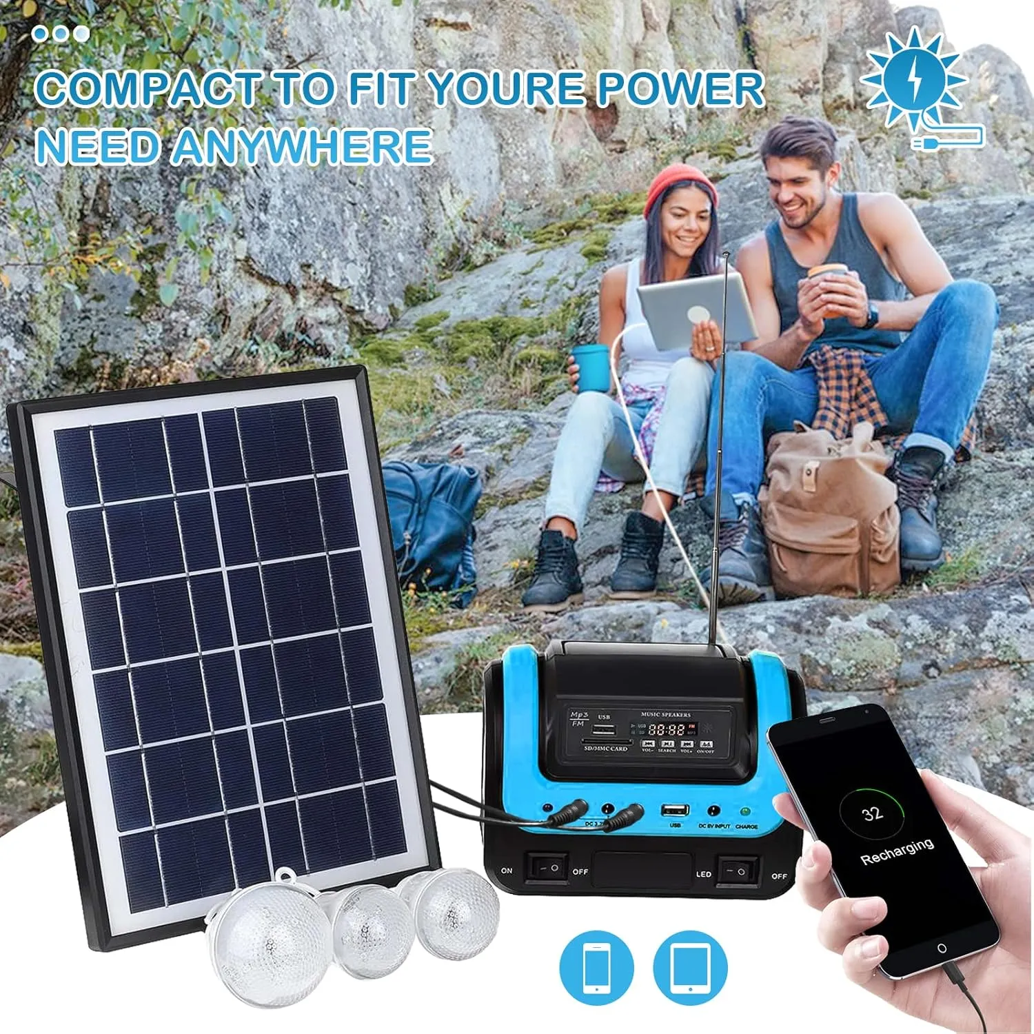 Portable Solar Generator with Solar Panel, Power Station with Flashlight,Emergency Generator Solar Powered for Home Use Camping Travel Hunting Emergency(Blue)
