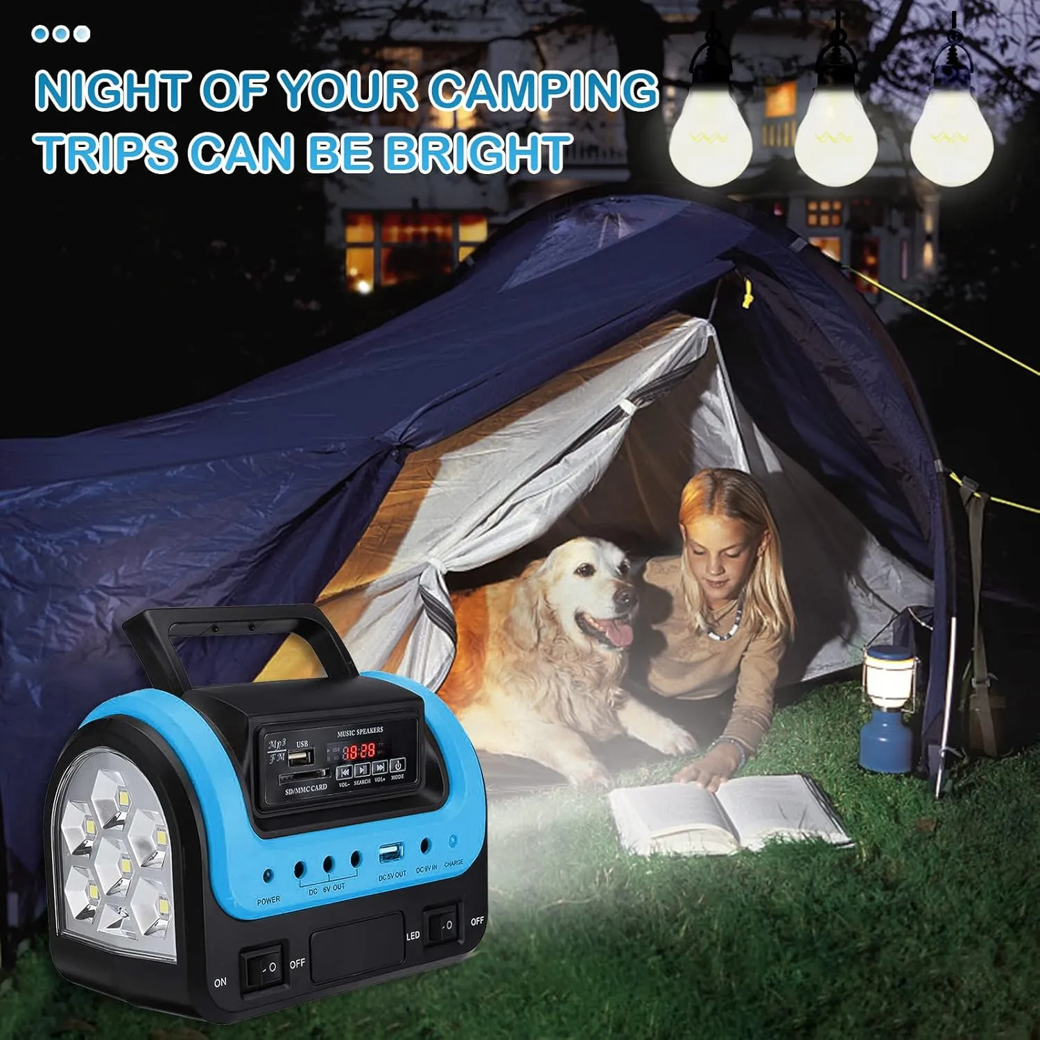 Portable Solar Generator with Solar Panel, Power Station with Flashlight,Emergency Generator Solar Powered for Home Use Camping Travel Hunting Emergency(Blue)