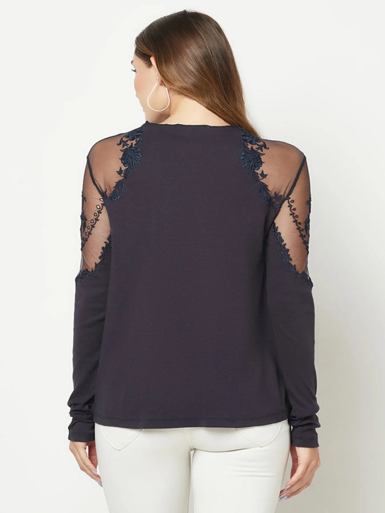 Power Mesh Ivory Embroidered Top